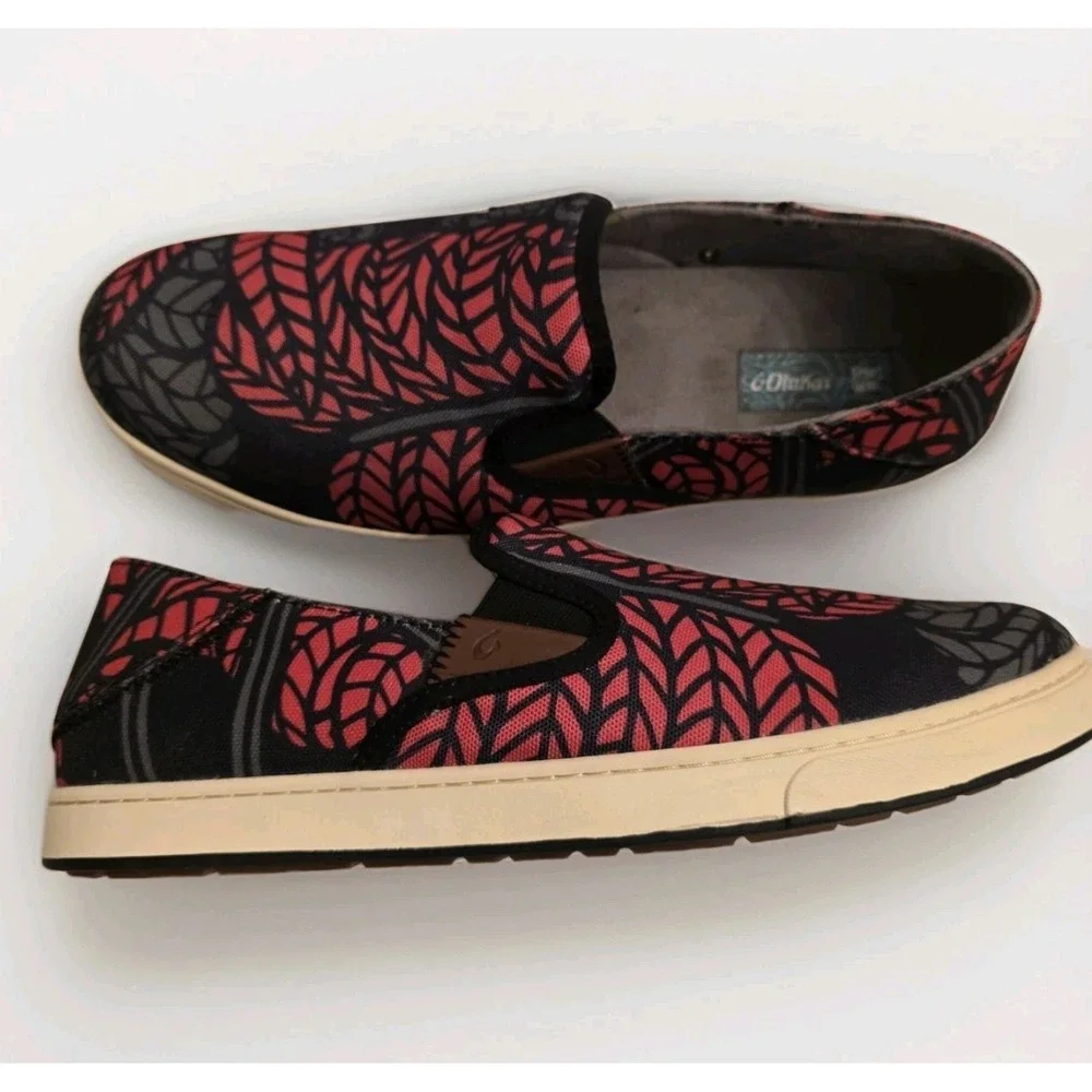 Olukai Kahu PowWow Slip On Shoes Mens 11.5 Red Black Leaf Canvas Loafers 10372